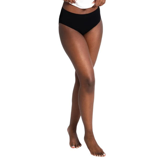 female model wearing black high waisted full brief front view on white background