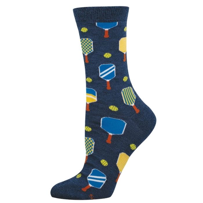 navy blue crew sock with colourful pickle ball paddle print on white background