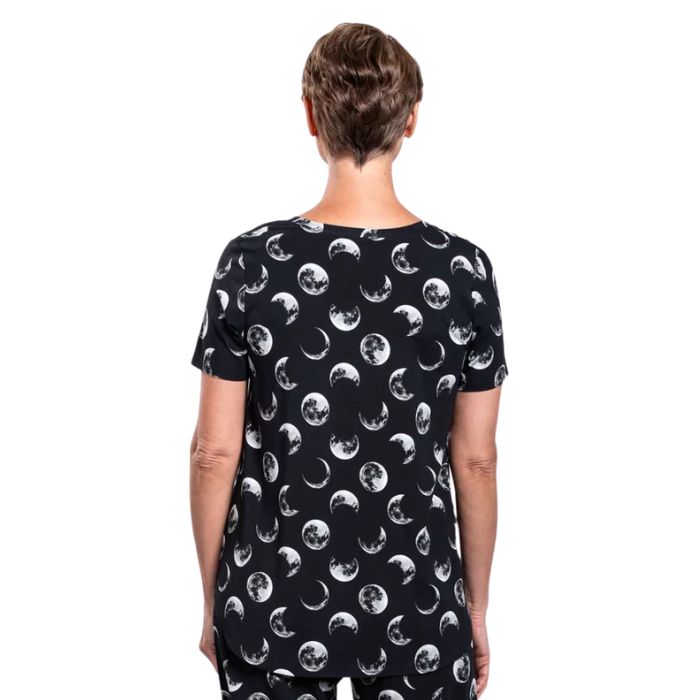 female model wearing moonstruck print jackie top back view on white backround