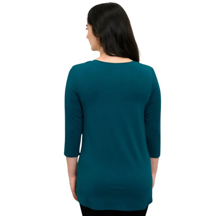 female model wearing teal green jackie top back view on white backround