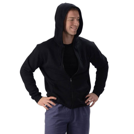 male model wearing black jason zip-up hoodie front view on white background