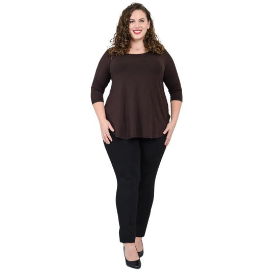 female model wearing jazz coffee brown three quarter sleeve top and nadia black pants front view on white background