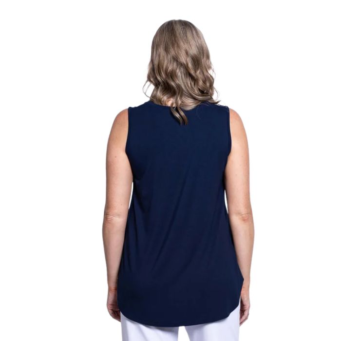 female model wearing indigo blue jazz tank top back view on white background
