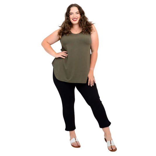 female model wearing khaki green jazz tank top and black nadine cropped pants front view on white background