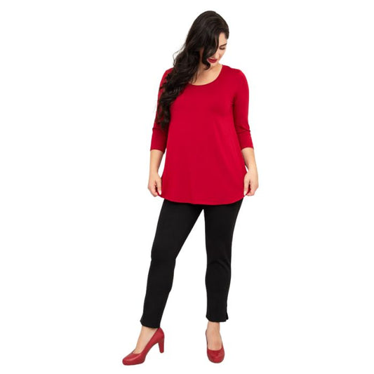 female model wearing jazz lipstick red three quarter sleeve top and nadia black pants front view on white background