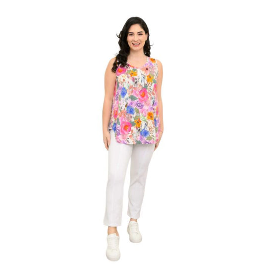 female model wearing pink bouquet print jazz tank top and white nadine cropped pants front view on white background