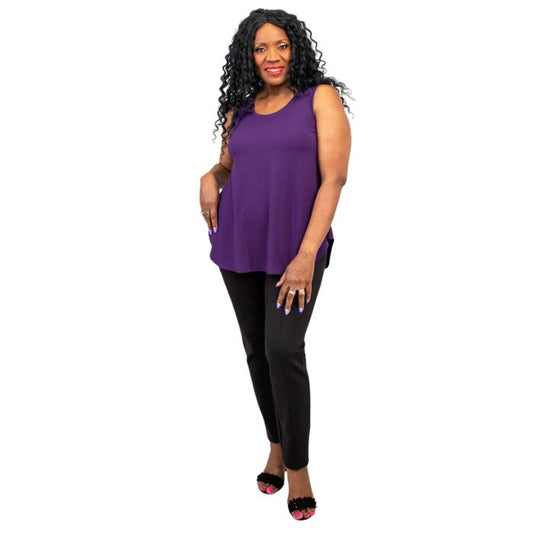 female model wearing royale purple jazz tank top and black nadia pants front view on white background