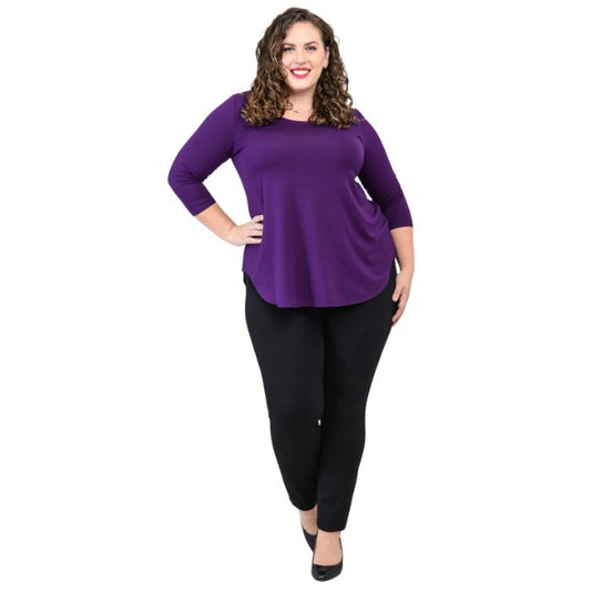 female model wearing jazz royal purple three quarter sleeve top and nadia black pants front view on white background