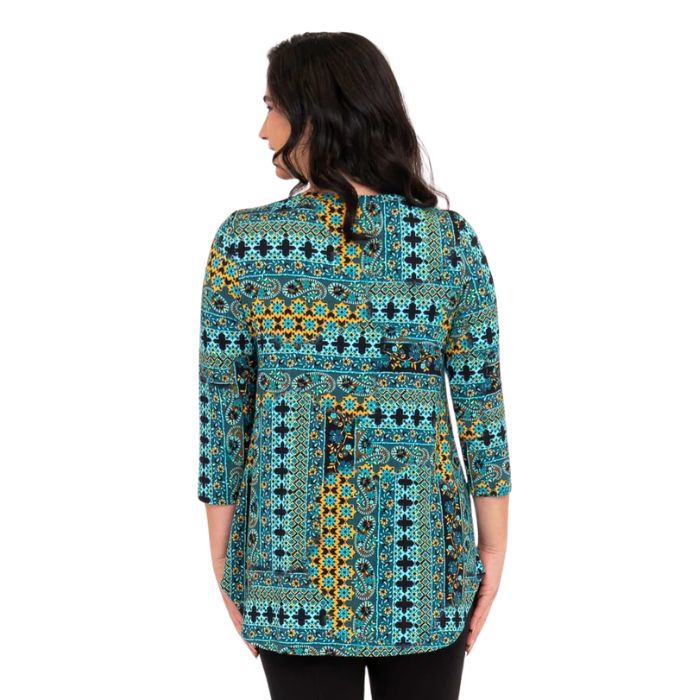 female model wearing jazz teal ways print three quarter sleeve top back view on white background