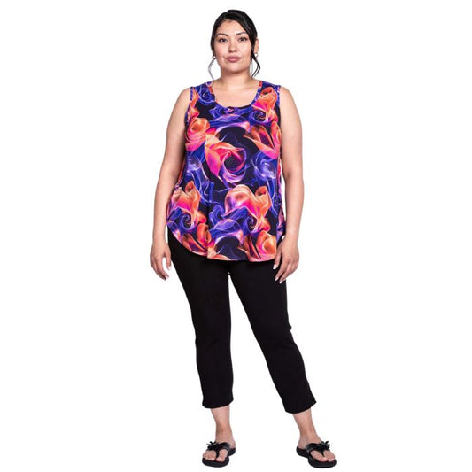 female model wearing violet daze print jazz tank top and black nadine cropped pants front view on white background