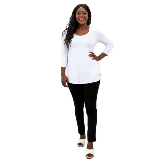 female model wearing jazz white three quarter sleeve top and nadia black pants front view on white background