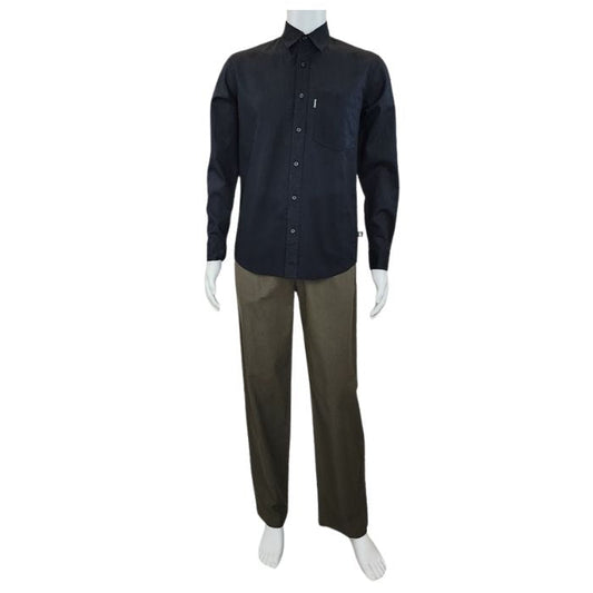 mannequin wearing army green jeff pants and black ryan dress shirt front view on white background