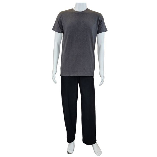 mannequin wearing black jeff pants and charcoal grey charlie shirt front view on white background