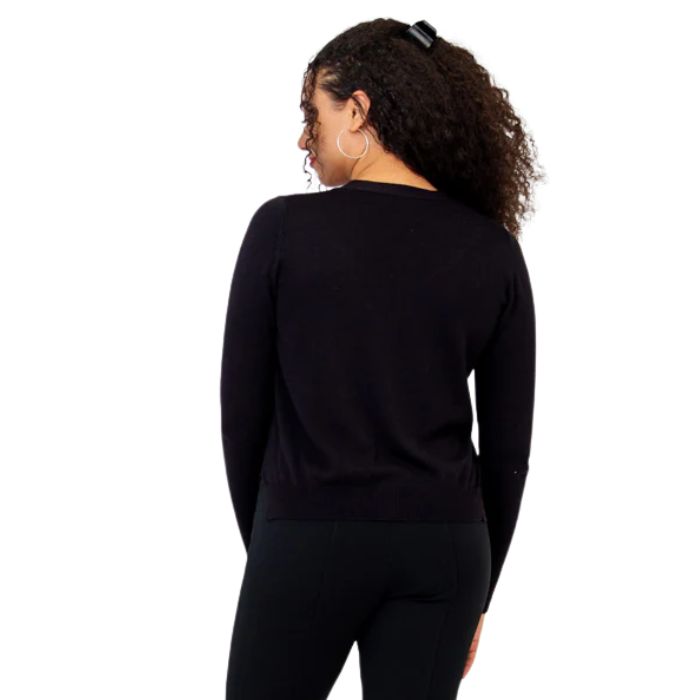 female model wearing black jessica button up cardigan sweater back view of sweater on white background