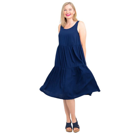 female model wearing indigo blue juni dress front veiw on white background