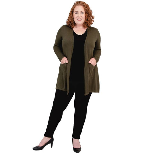 female model wearing khaki green justine draped cardigan sweater, black reannna tank top and black nadia pants front view on white background