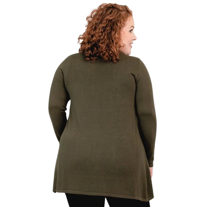 female model wearing khaki green justine draped cardigan sweater back view on white background