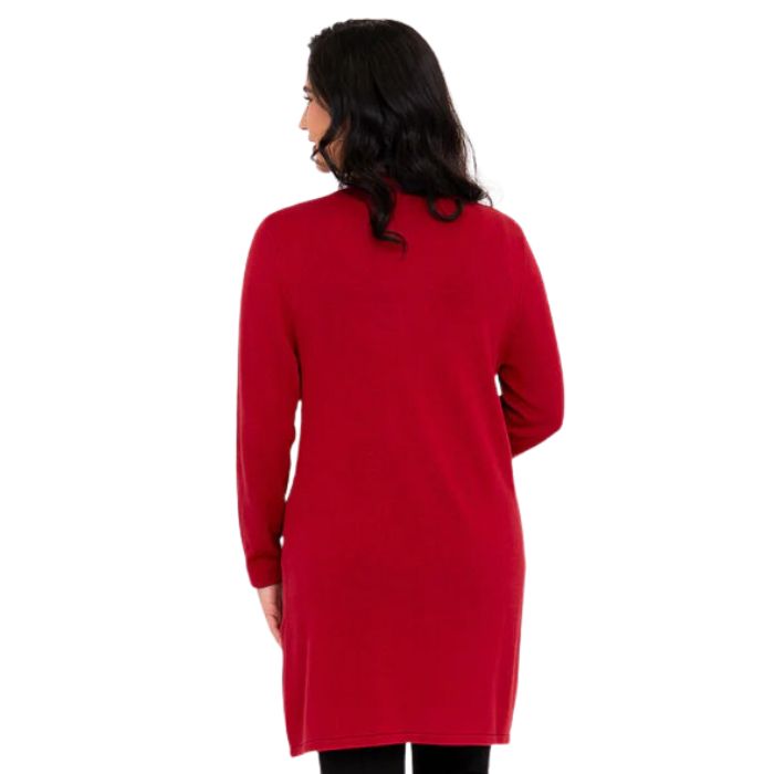 female model wearing lipstick red justine draped cardigan sweater back view on white background