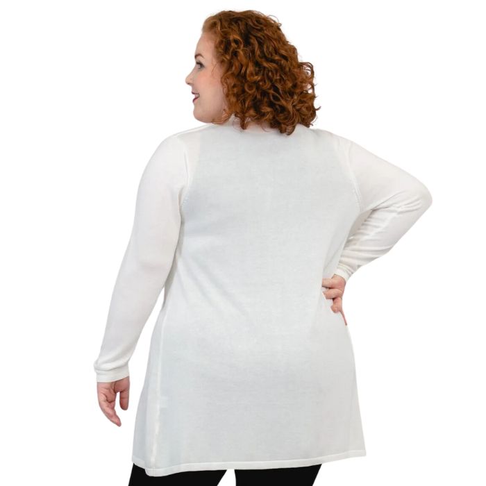 female model wearing white justine draped cardigan sweater back view on white background