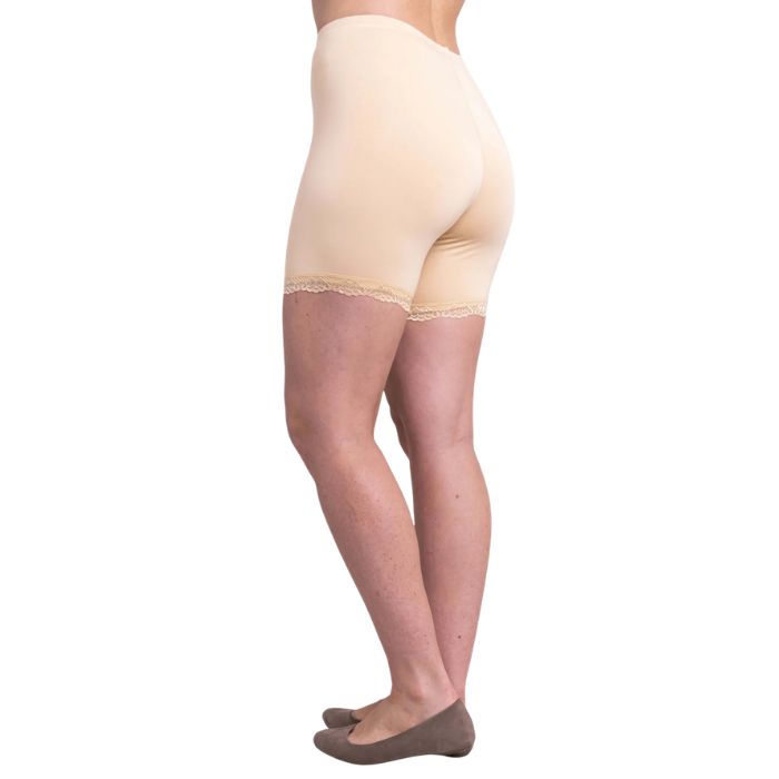 female model wearing beige brown kitty undershorts back view on white background