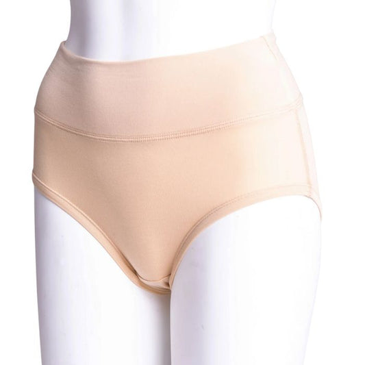 body of white female mannequin wearing beige brown la gaunche underwear front view on white background