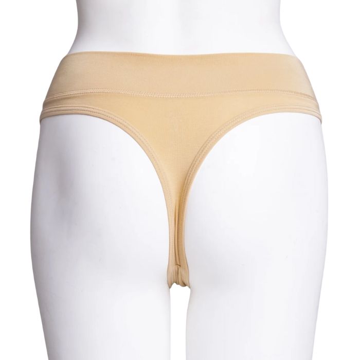 body of white female mannequin wearing beige la thong underwear back view on white background