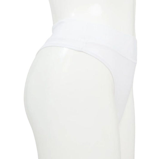 body of white female mannequin wearing snow white la thong underwear side view on white background