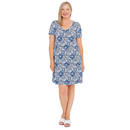 woman wearing zesty print lanai dress front view set on a white background