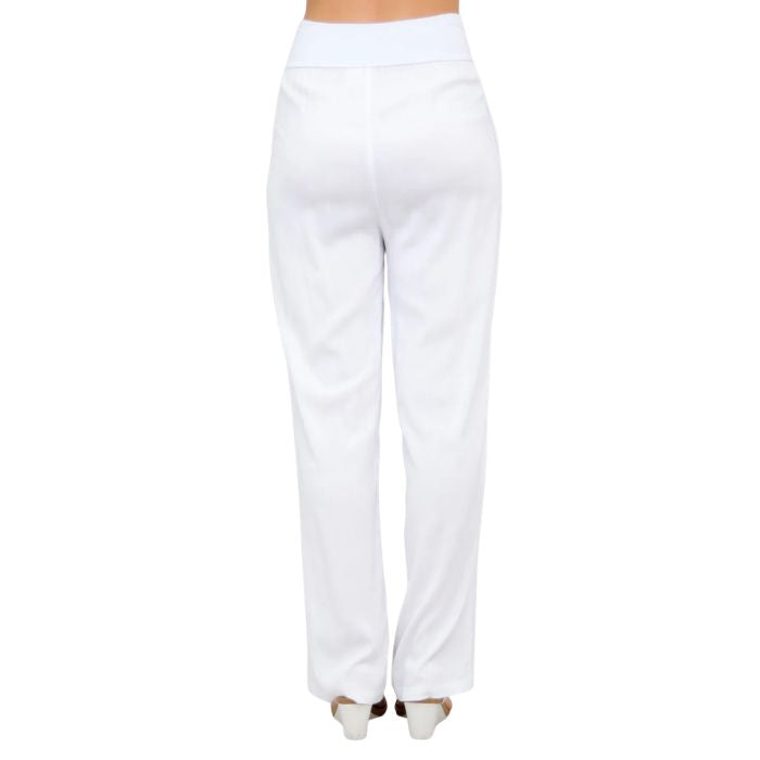 female model wearing white landon pants back view on white background