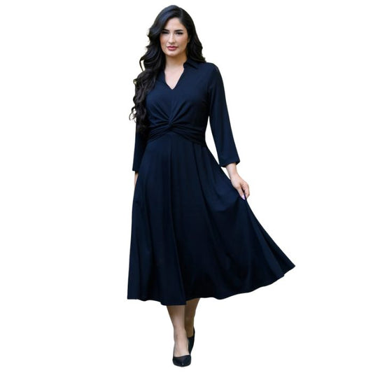 woman wearing black lara dress front view set on a white background