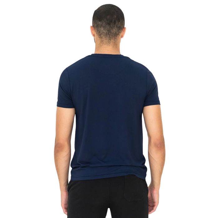 male model wearing ink blue lawrence crew neck t-shirt back view on white background