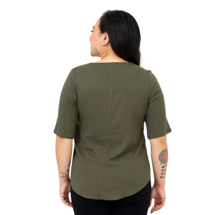 female model wearing khaki green liza top back view on white background