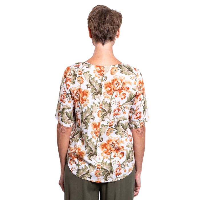 female model wearing khaki tapestry print liza top back view on white background