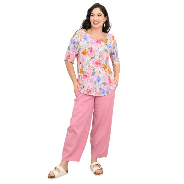 model wearing ipink bouquet liza top and soft pink boardwalk pants front view on white background