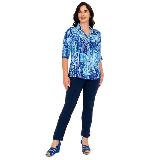 model wearing curious print lorine blouse and indigo blue nadia pants front view on whitte background