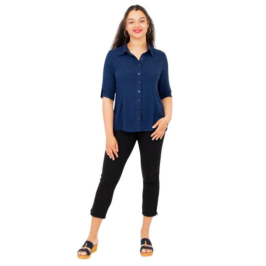 model weaing indigo blue lorine blouse and nadine cropped pants front view on white background