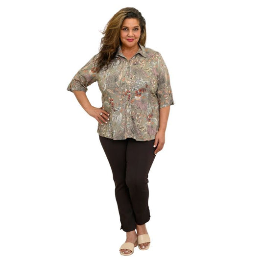 model wearing khaki primavera print lorine blouse coffee brown nadia pants front view on whitte background