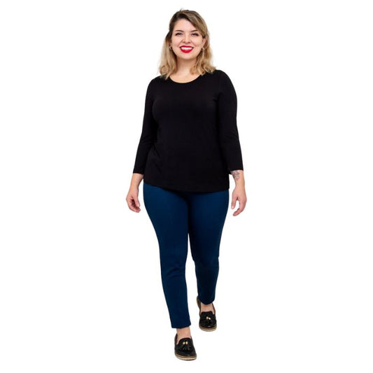 model wearing margorie black three quarter sleeve top black and nadia indigo blue pants front view on white background