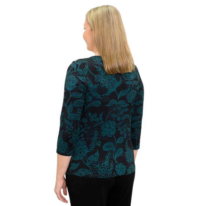 woman wearing margorie teal boscage print three quarter sleeve top back view set on a white background