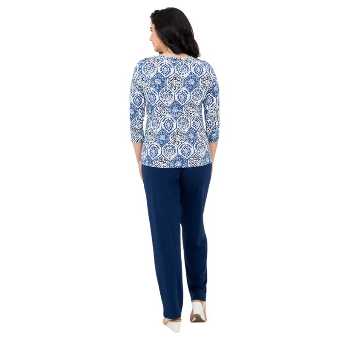 female model wearing margorie zesty print three quarter sleeve top and clair indigo blue pants front view on white background