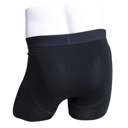 body of white male mannequin wearing black middle man boxer brief undershorts back view on white background