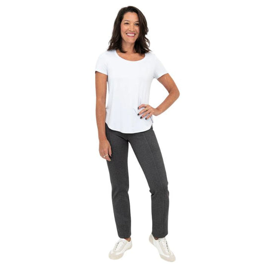 female model wearing granite grey nadia pants and white tessa top front view on white background