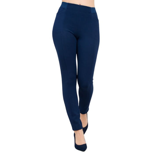 female model weaing indigo blue petite nadia pants front view on white background