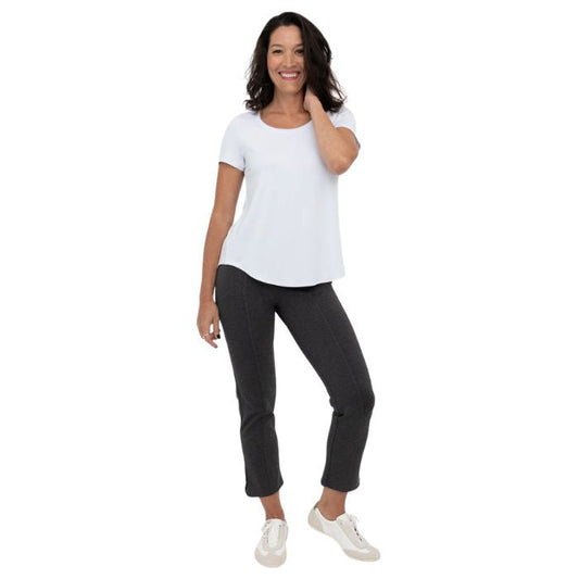 female model wearing granite grey nadine cropped pants and white tessa tee front view on white background