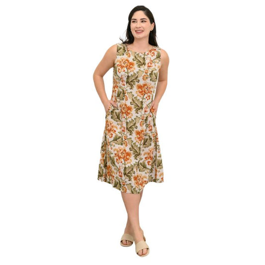 female model wearing khaki tapestry print patricia dress back view on white background