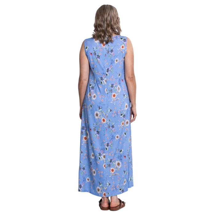 female model wearing peri daisy print patricia dress back view on white background