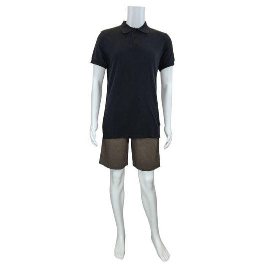 mannequin wearing black phil polo shirt and olive green craig shorts front view on white background