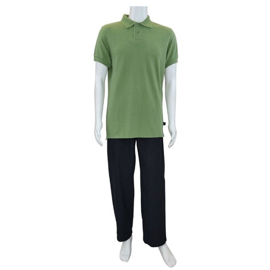mannequin wearing celery green phil polo shirt and black jeff pants front view on white background