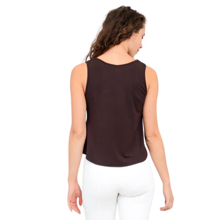 female model wearing coffee brown ritzy tank top back view on white background