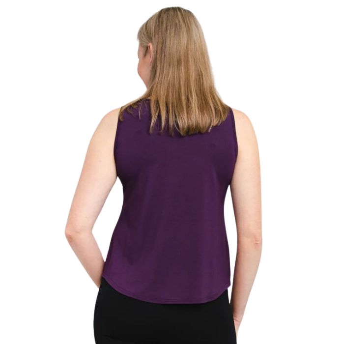 female model wearing royale purple ritzy tank top back view on white background